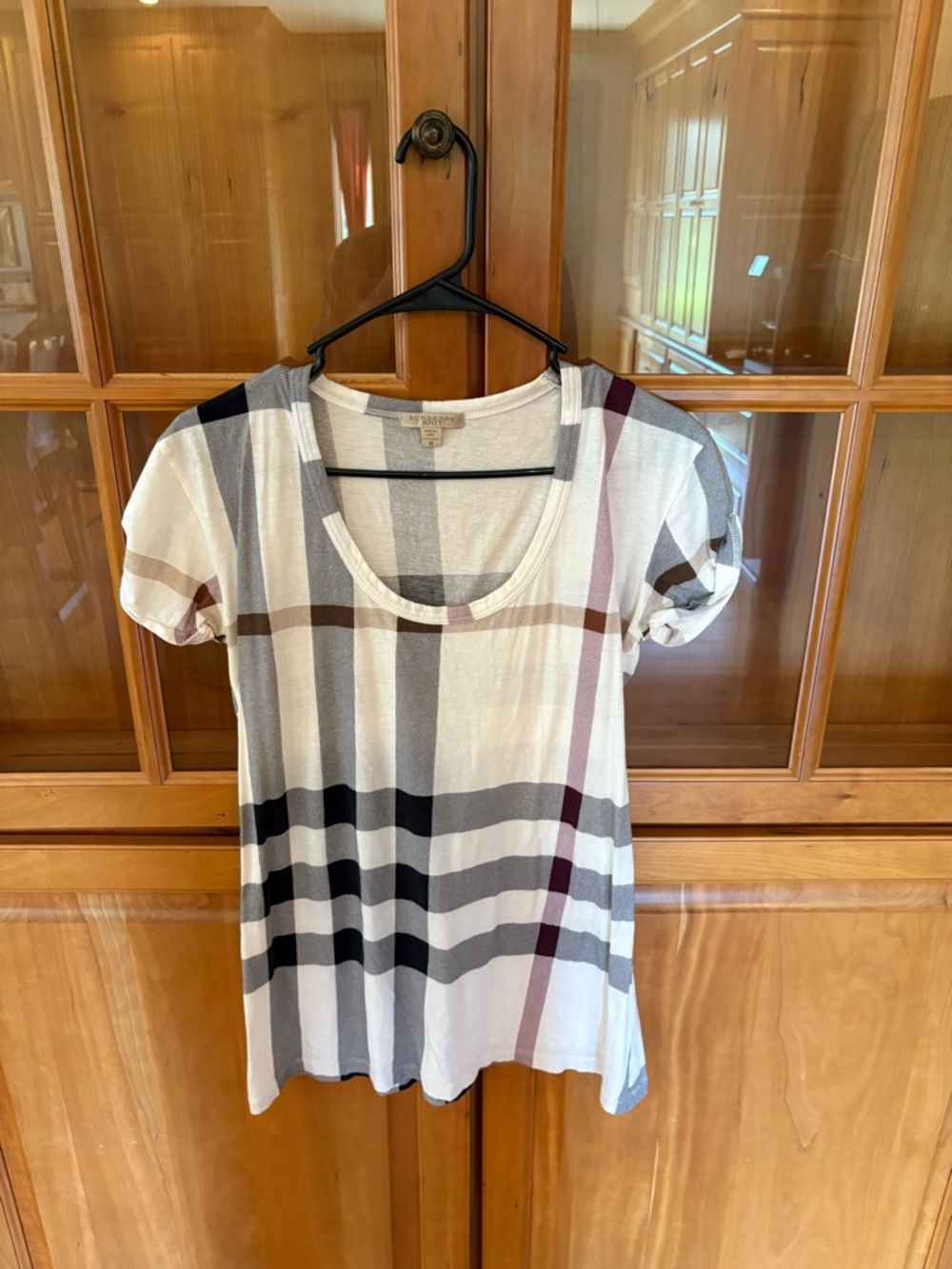 Plaid Short-Sleeve Scoop Neck Top in Ivory and Neutral Stripes